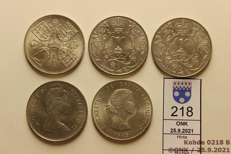 k-0218-b.jpg - Kohde 218 (kuva 2/2), lhthinta: 5 € / myyntihinta: 12 € Iso-Britannia 1 crown (5) 1953-81 Ag vai CuNi? 1953, -65, -77(2), -81, kunto: 6-7