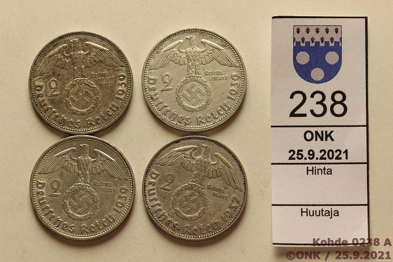 k-0238-a.jpg - Kohde 238 (kuva 1/2), lhthinta: 11 € / myyntihinta: 27 € Saksa 2 reichsmark 1937J, -39A, -39D, -39J KM#93 Ag, 4x8g/625, kunto: 6-7