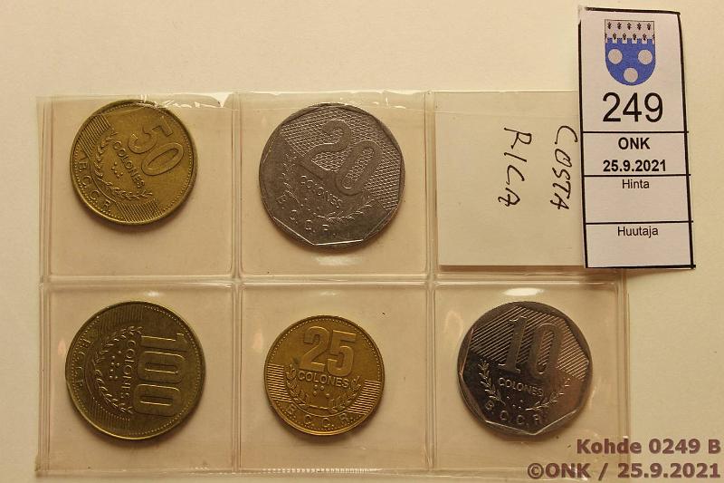 k-0249-b.jpg - Kohde 249 (kuva 2/2), lhthinta: 3 € / myyntihinta: 3 € Costa Rica 10 - 100 colones (5) 1983-99 10, 20, 25, 50 ja 100c muovitaskussa, kunto: 7-9