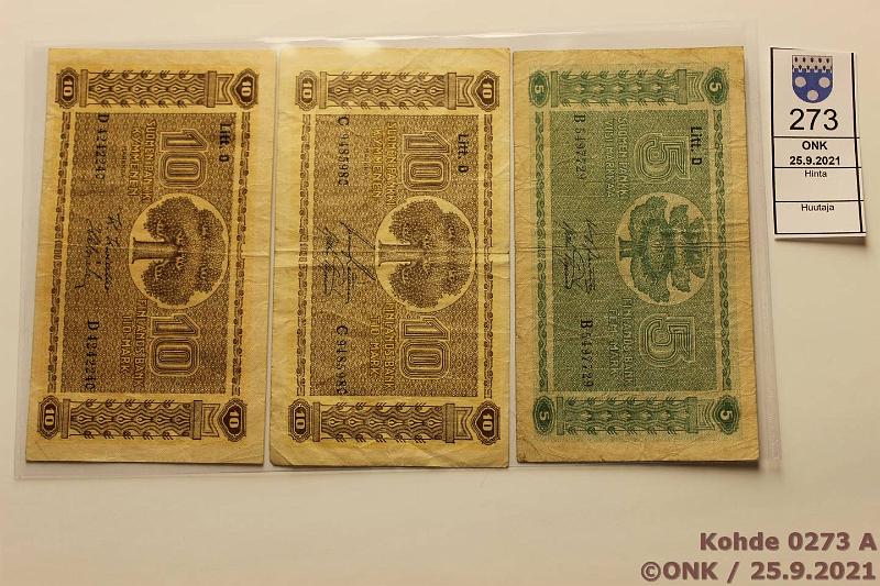 k-0273-a.jpg - Kohde 273, lhthinta: 5 € / ei tarjouksia 5 + 10 mk 1939 LD (3) 5mk B..JUT-AAs; 10mk C..RAI-AAs, D..KIV-Als, kunto: 4