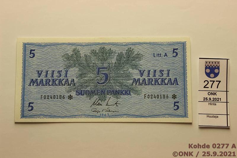 k-0277-a.jpg - Kohde 277, lhthinta: 16 € / ei tarjouksia 5 mk 1963 LA F* SNY 135.2.7 F0240186* KO II-M1, korvaava, kunto: 8