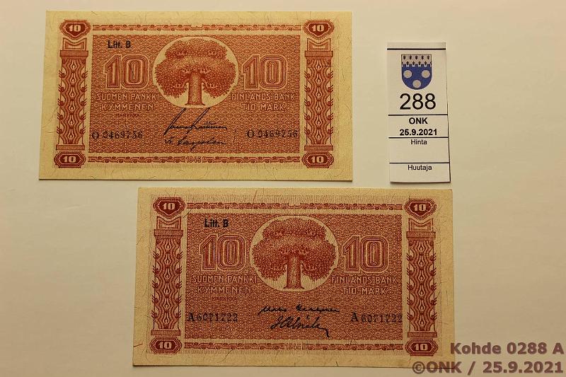 k-0288-a.jpg - Kohde 288, lhthinta: 10 € / myyntihinta: 11 € 10 mk 1945 LB (2) SNY 145.2 A6071722 KEK-Als, O0469756 RAI-Car, kunto: 7, 8