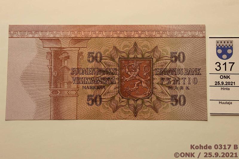 k-0317-b.jpg - Kohde 317 (kuva 2/2), lhthinta: 150 € / myyntihinta: 285 € 50 mk 1977 SNY 171.1 B9252557 KA I-Pu1, pohjapainatuksen siirtym alas, vuosiluku melkein poissa, kunto: 7