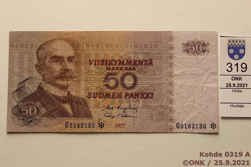 k-0319-a.jpg - Kohde 319, lhthinta: 12 € / myyntihinta: 12 € 50 mk 1977 G* SNY 171.7 G0162180 * KA I-M1, 10 mm rep, korvaava, kunto: 3