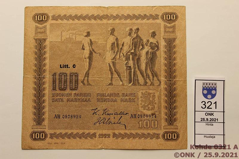 k-0321-a.jpg - Kohde 321 (kuva 1/2), lhthinta: 15 € / ei tarjouksia 100 mk 1922 LC SNY 178.5.1 AH0808924 KIV-Als, 5 mm rissi, melkein keskireik, kunto: 3