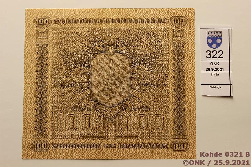 k-0321-b.jpg - Kohde 321 (kuva 2/2), lhthinta: 15 € / ei tarjouksia 100 mk 1922 LC SNY 178.5.1 AH0808924 KIV-Als, 5 mm rissi, melkein keskireik, kunto: 3