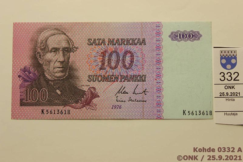 k-0332-a.jpg - Kohde 332, lhthinta: 100 € / myyntihinta: 100 € 100 mk 1976 SNY 184.1 K5613618 KO II-Hes, sarjanro ja ak kohdistusvirhe oikealle, pun. km., kunto: 5