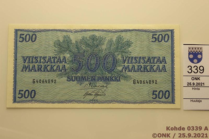 k-0339-a.jpg - Kohde 339, lhthinta: 60 € / myyntihinta: 60 € 500 mk 1956 SNY 192.2 G4064892, SIM-AAs, painaumia, naarmu paperissa, kunto: 8