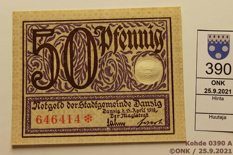 k-0390-a.jpg - Kohde 390 (kuva 1/2), lhthinta: 30 € / myyntihinta: 30 € Danzig 50 pf 1919 P#11 646414*, kunto: 9