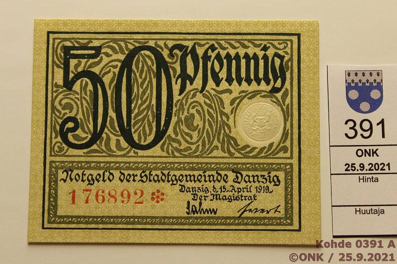 k-0391-a.jpg - Kohde 391 (kuva 1/2), lhthinta: 30 € / ei tarjouksia Danzig 50 pf 1919 P#12 176892*, kunto: 9