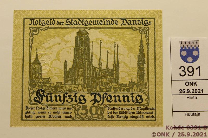 k-0391-b.jpg - Kohde 391 (kuva 2/2), lhthinta: 30 € / ei tarjouksia Danzig 50 pf 1919 P#12 176892*, kunto: 9