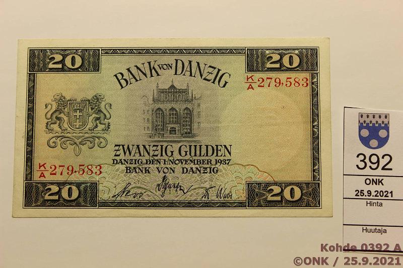 k-0392-a.jpg - Kohde 392 (kuva 1/2), lhthinta: 475 € / ei tarjouksia Danzig 20 gulden 1.11.1937 P#63 K/A 279,583. Silitetty?, kunto: 6