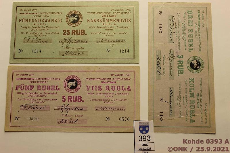 k-0393-a.jpg - Kohde 393 (kuva 1/2), lhthinta: 40 € / myyntihinta: 40 € Eesti Port Kunda 3, 5 ja 25 rbl 20.8.1941 allek. Pussi-Sprenk-Vasepuru, takasivulla 2 leimaa ja ak H.Krt, kunto: 5-6