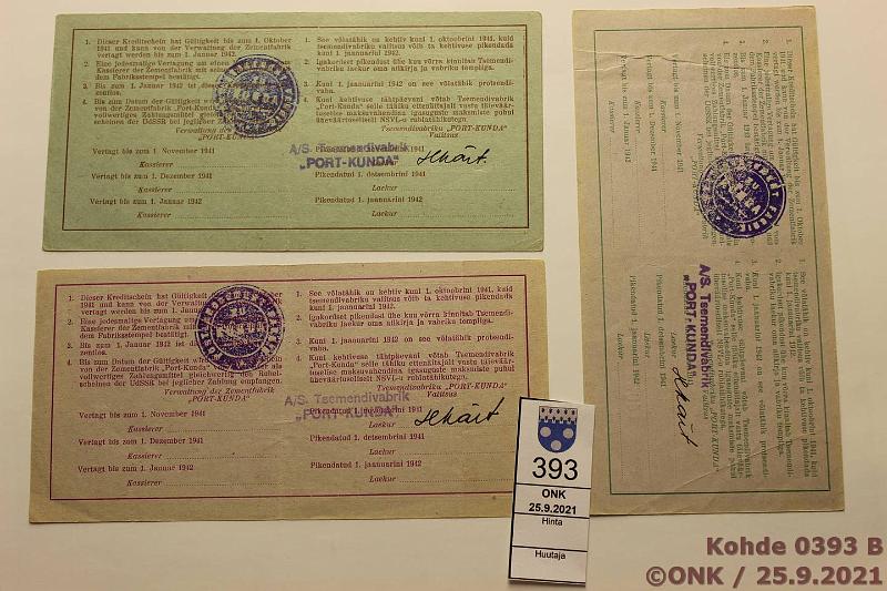 k-0393-b.jpg - Kohde 393 (kuva 2/2), lhthinta: 40 € / myyntihinta: 40 € Eesti Port Kunda 3, 5 ja 25 rbl 20.8.1941 allek. Pussi-Sprenk-Vasepuru, takasivulla 2 leimaa ja ak H.Krt, kunto: 5-6