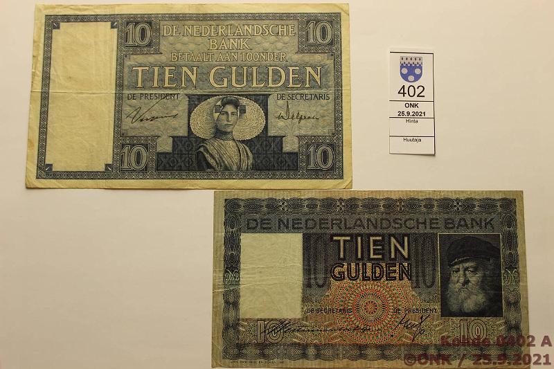 k-0402-a.jpg - Kohde 402 (kuva 1/2), lhthinta: 40 € / ei tarjouksia Hollanti 10 gulden (2) 1929, -39 P#43b, 49, kunto: 4