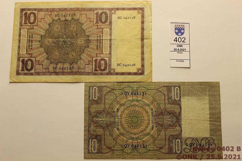 k-0402-b.jpg - Kohde 402 (kuva 2/2), lhthinta: 40 € / ei tarjouksia Hollanti 10 gulden (2) 1929, -39 P#43b, 49, kunto: 4