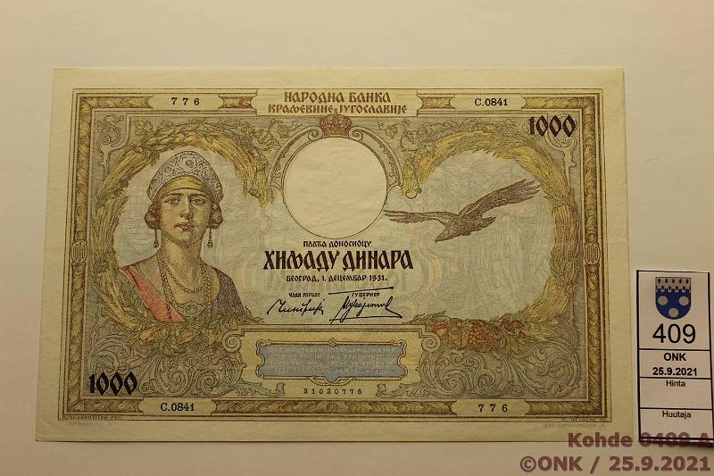 k-0409-a.jpg - Kohde 409, lhthinta: 18 € / myyntihinta: 18 € Jugoslavia 1000 dinara 1.12.1931 P#29 21020776, kunto: 7