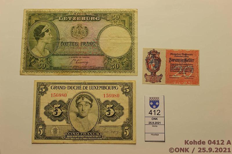 k-0412-a.jpg - Kohde 412 (kuva 1/2), lhthinta: 15 € / myyntihinta: 26 € Lichtenstein 20 heller, Luxemburg 5 + 50 fr 10.9.1922 P#2, ND(1944) P#43a ja 45, kunto: 9, 5, 4