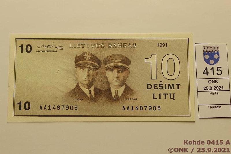 k-0415-a.jpg - Kohde 415 (kuva 1/2), lhthinta: 100 € / myyntihinta: 100 € Liettua 10 litu 1991 P#47a AA1487905, GIRENAS error, harvinainen, kunto: 9