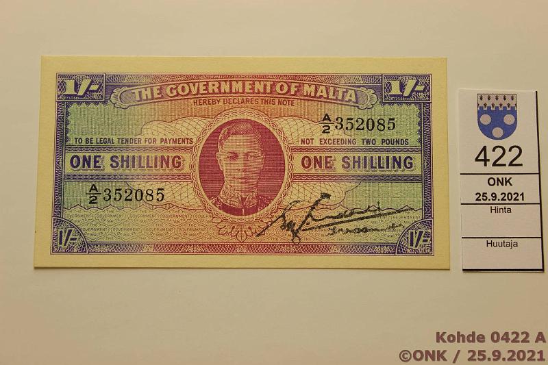 k-0422-a.jpg - Kohde 422 (kuva 1/2), lhthinta: 75 € / myyntihinta: 75 € Malta 1 shilling ND(1943) P#16 A/2 352085, kunto: 8