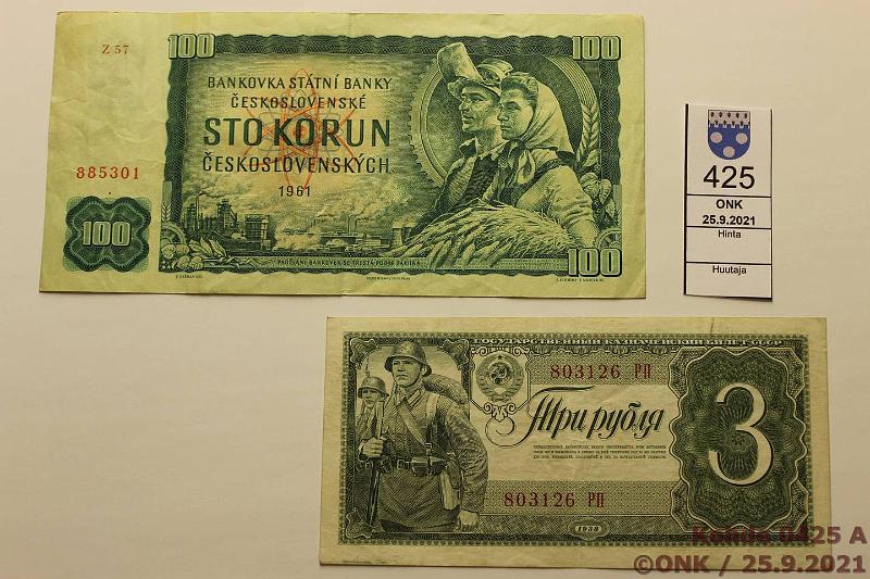 k-0425-a.jpg - Kohde 425, lhthinta: 5 € / myyntihinta: 5 € NL 3 rbl + Tekkoslovakia 100 kr 1938 P#214, -61 P#91b, kunto: 5, 4