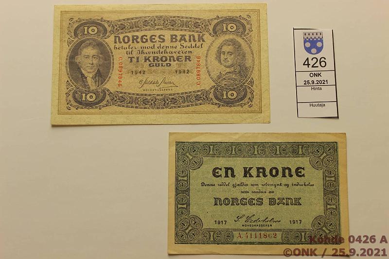 k-0426-a.jpg - Kohde 426, lhthinta: 30 € / myyntihinta: 30 € Norja 1 + 10 kr 1917, -42 P#13, 8c, kunto: 5, 7