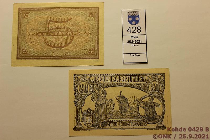 k-0428-b.jpg - Kohde 428 (kuva 2/2), lhthinta: 20 € / myyntihinta: 20 € Portugali 5 + 20 centavos 5.4.1918, 4.8.1922 P#97, 100, kunto: 7, 8