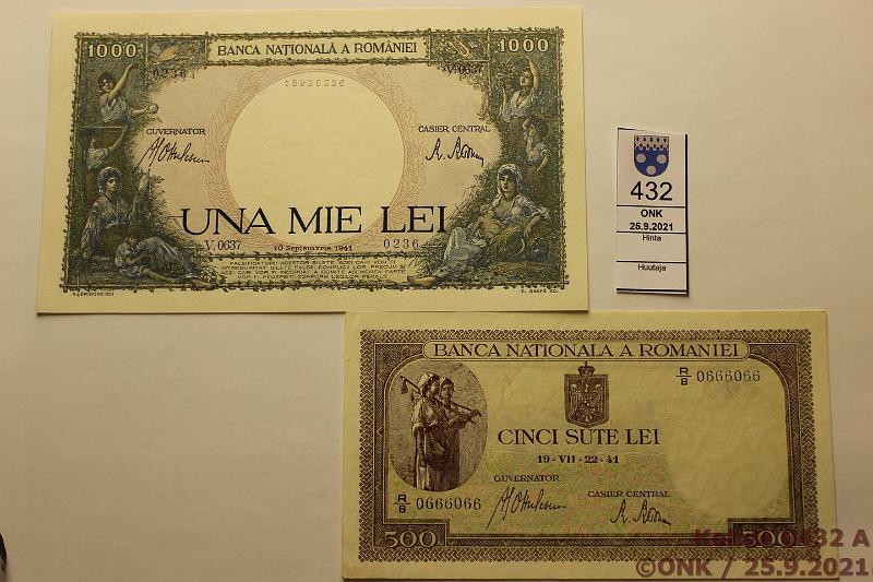 k-0432-a.jpg - Kohde 432, lhthinta: 15 € / myyntihinta: 22 € Romania 500 + 1000 lei 22.7.1941, 10.9.1941 P#51, 52, kunto: 8, 9