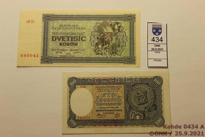 k-0434-a.jpg - Kohde 434 (kuva 1/2), lhthinta: 20 € / myyntihinta: 23 € Slovakia 100 korun + Tekkoslovakia 2000 korun 7.10.1940, 1945 P#10s, 50As Molemmissa SPECIMEN-lvistys. 100 kr sil?, kunto: 6, 8