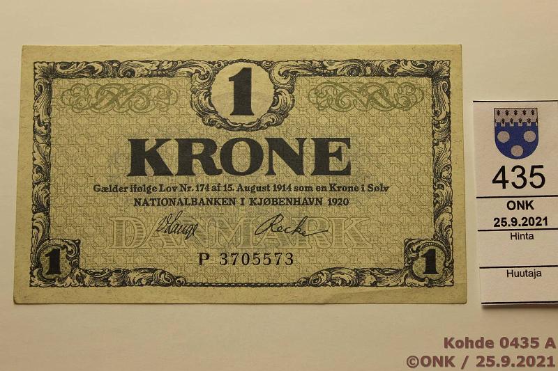 k-0435-a.jpg - Kohde 435 (kuva 1/2), lhthinta: 25 € / ei tarjouksia Tanska 1 kr 1920 P#12e P 3705573, ei lpi setelin taitetta, kunto: 8