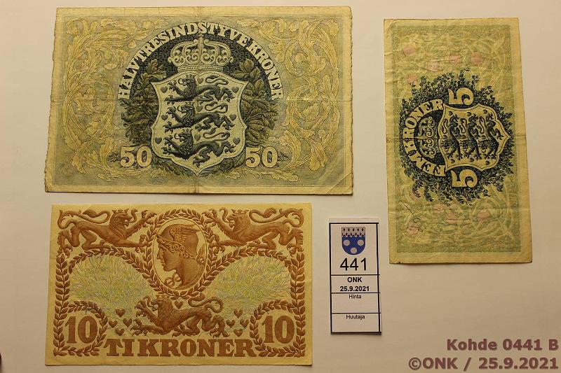 k-0441-b.jpg - Kohde 441 (kuva 2/2), lhthinta: 40 € / myyntihinta: 40 € Tanska 5-50 kr (3) 1937-42 P#30h, 31c, 5k 1942; 10k-37; 50k-42 (pienet niitinreit), kunto: 4-5