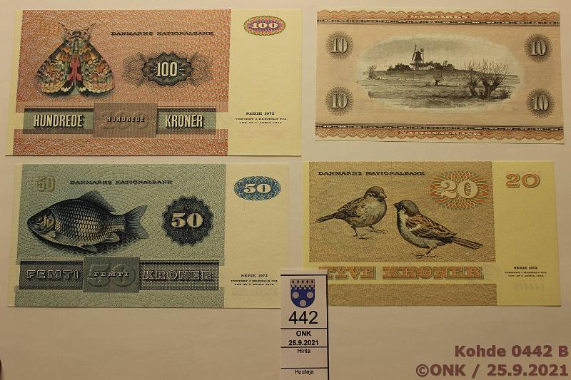 k-0442-b.jpg - Kohde 442 (kuva 2/2), lhthinta: 30 € / myyntihinta: 44 € Tanska 10 - 100 kr (4) 1974-84 P#44ai, 49e, 50e, 51k 10kr 1974; 20kr 1984; 50kr 1982; 100kr 1984, huippukunt. er, kunto: 9