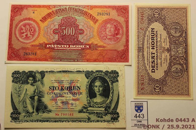 k-0443-a.jpg - Kohde 443 (kuva 1/2), lhthinta: 30 € / myyntihinta: 43 € Tekkoslovakia 10-500 korun (3) 1927-31 P#20s, 23s, 24s 10k 1927; 100k-31; 500k-29. Kaikissa "SPECIMEN"-lvistys. 100 ja 500 kr hieman aaltoilua, kunto: 9