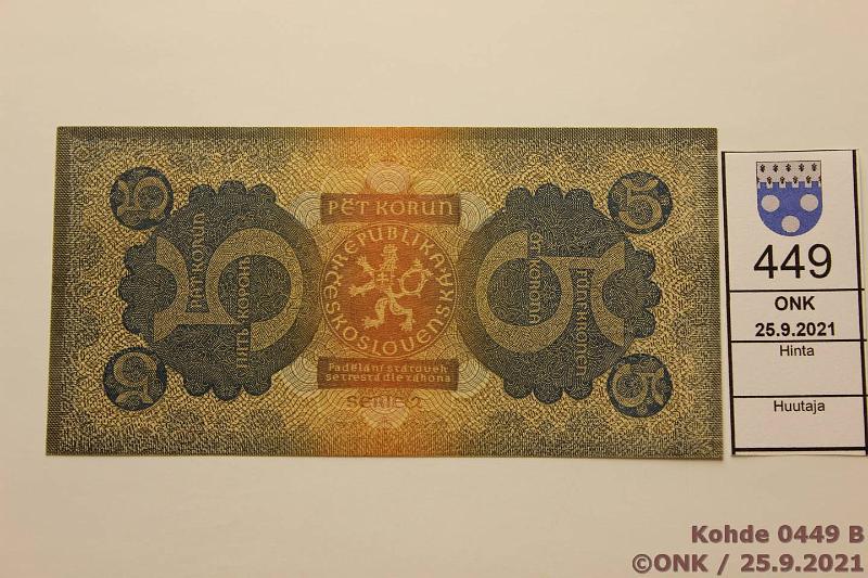 k-0449-b.jpg - Kohde 449 (kuva 2/2), lhthinta: 40 € / myyntihinta: 76 € Tekkoslovakia 5 korun 28.9.1921 P#15, kunto: 8