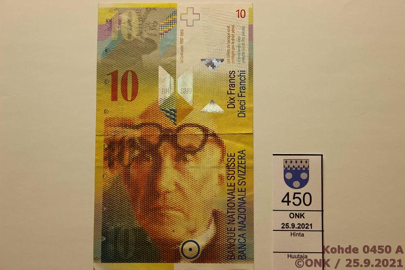 k-0450-a.jpg - Kohde 450 (kuva 1/2), lhthinta: 10 € / myyntihinta: 10 € Sveitsi 10 fr 2008 P#67c Allekirjoittajat HR ja TJ2, kunto: 5