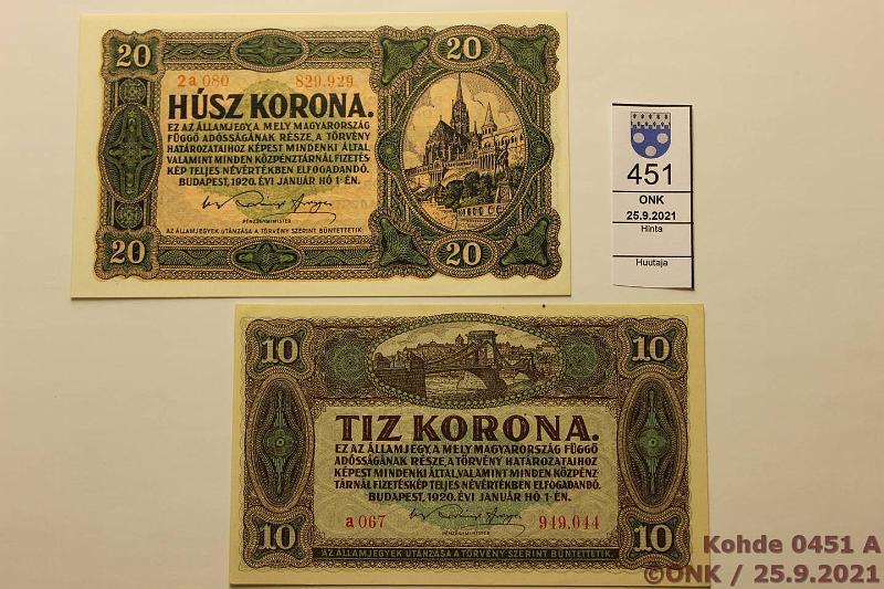 k-0451-a.jpg - Kohde 451, lhthinta: 18 € / myyntihinta: 22 € Unkari 10 + 20 korona 1.1.1920 P#60, 61, kunto: 9