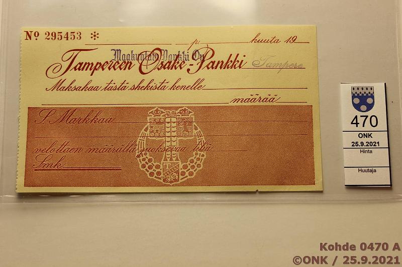 k-0470-a.jpg - Kohde 470, lhthinta: 5 € / myyntihinta: 5 € Avoin sekki 1918 Tampereen Osakepankki, Maakuntain Pankki n:o 295453*, eprep, kyttmtn, kunto: 8