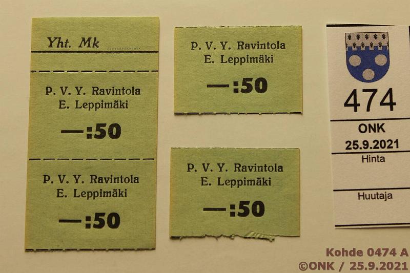 k-0474-a.jpg - Kohde 474, lhthinta: 5 € / ei tarjouksia 50 p (4) P. V. Y Ravintola E. Leppimki, pystypari ja kaksi irtonaista, kunto: 8-9