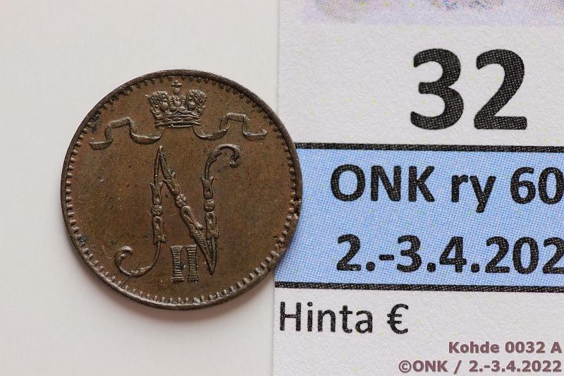 k-0032-a.jpg - Kohde 32 (kuva 1/2), lhthinta: 10 € / ei tarjouksia 1 p 1898 Kaunis tumma patina, eprvja, kunto: 8