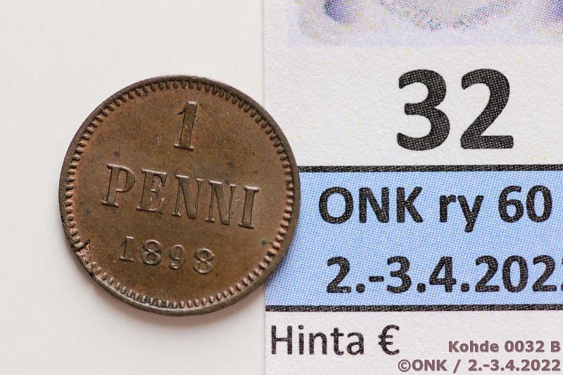 k-0032-b.jpg - Kohde 32 (kuva 2/2), lhthinta: 10 € / ei tarjouksia 1 p 1898 Kaunis tumma patina, eprvja, kunto: 8