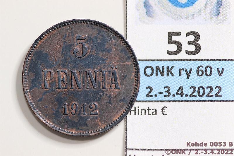 k-0053-b.jpg - Kohde 53 (kuva 2/2), lhthinta: 10 € / myyntihinta: 10 € 5 p 1912 Erikoinen musta patina ja vliss leimakiiltoa, prv, kunto: 7