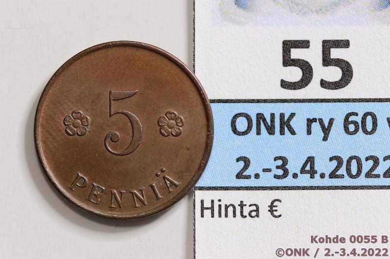 k-0055-b.jpg - Kohde 55 (kuva 2/2), lhthinta: 40 € / myyntihinta: 74 € 5 p 1918 KV I SNY 94.1, leimakiitoa, patinaa, kaunis!, kunto: 7/8