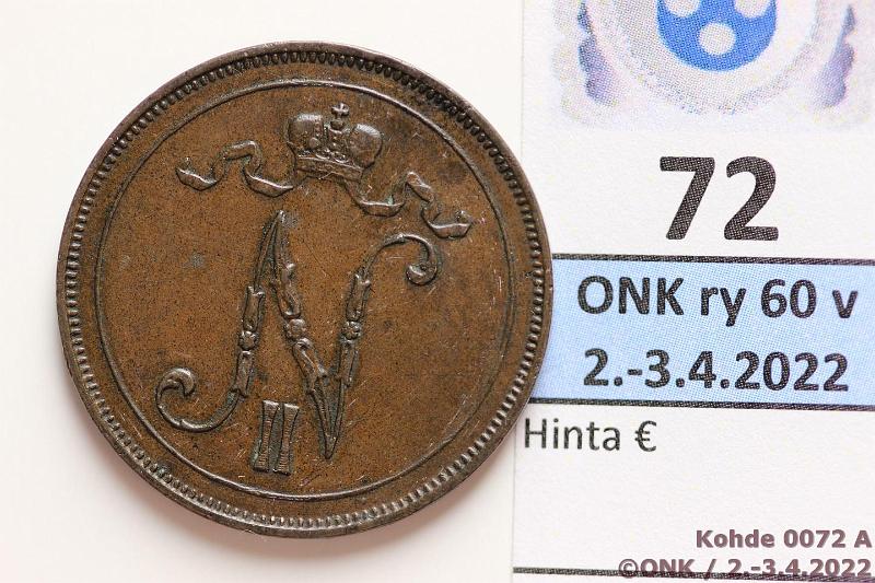 k-0072-a.jpg - Kohde 72 (kuva 1/2), lhthinta: 5 € / myyntihinta: 11 € 10 p 1900 Kaunis tumma patina, kunto: 6