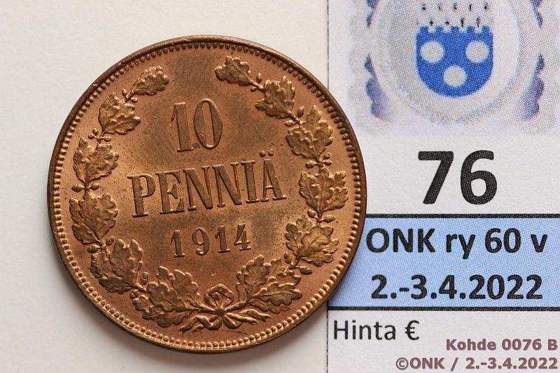 k-0076-b.jpg - Kohde 76 (kuva 2/2), lhthinta: 50 € / ei tarjouksia 10 p 1914 Leimakiiltoinen, hieman patinaa, erittin kaunis!, kunto: 8