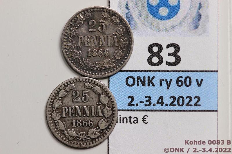 k-0083-b.jpg - Kohde 83 (kuva 2/2), lhthinta: 150 € / ei tarjouksia 25 p 1866 (2) Ag, SNY 266 1.1 + 2.1, kunto: 5, 2/3