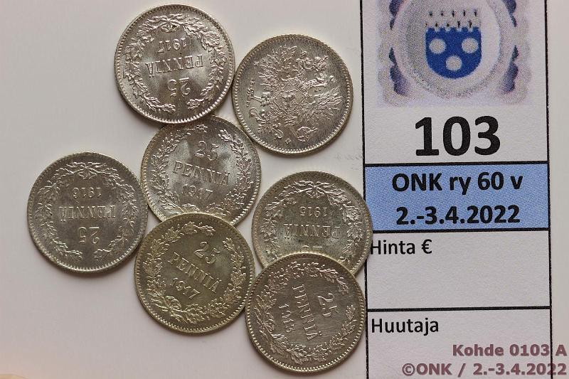 k-0103-a.jpg - Kohde 103, lhthinta: 6 € / myyntihinta: 11 € 25 p 1913-17 (7) Ag, -13, -15(2), -16, -17I, -17II(2), loisteliaita!, kunto: 9