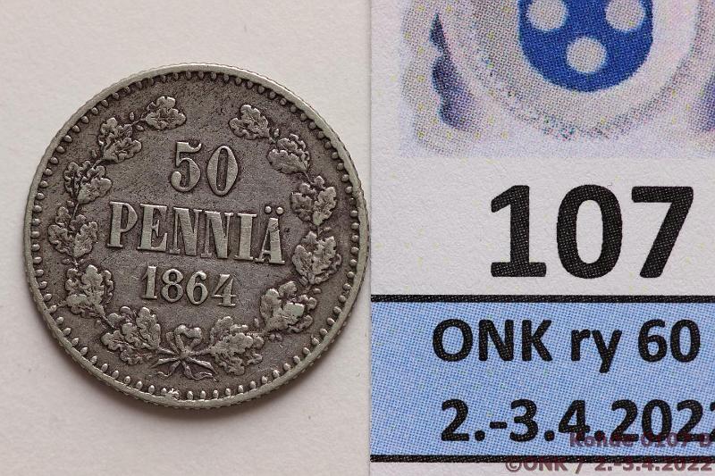 k-0107-b.jpg - Kohde 107 (kuva 2/3), lhthinta: 20 € / myyntihinta: 30 € 50 p 1864 Ag, SNY 315.2, uudempi syrjrihlaus, hyv kunto tlle v:lle, kunto: 5