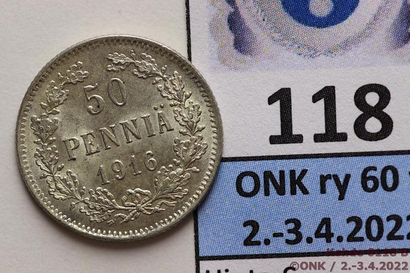 k-0118-b.jpg - Kohde 118 (kuva 2/3), lhthinta: 20 € / myyntihinta: 82 € 50 p 1916 Ag, rattaat vasemman puolen kotkan nokassa, kunto: 8