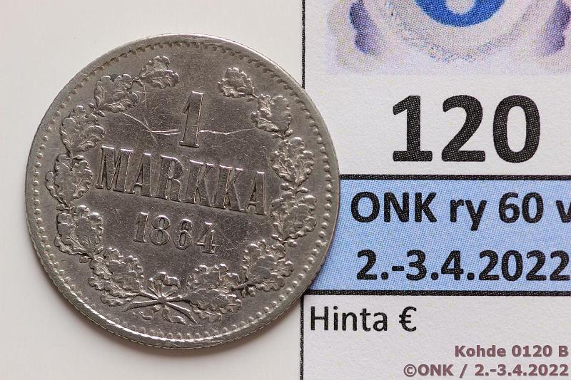 k-0120-b.jpg - Kohde 120 (kuva 2/3), lhthinta: 80 € / myyntihinta: 80 € 1 mk 1864 Ag, SNY 397.1, vanhempi syrjrihlaus, puhd, kunto: 4