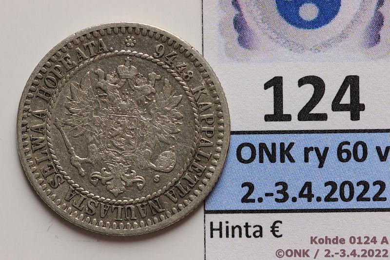 k-0124-a.jpg - Kohde 124 (kuva 1/2), lhthinta: 10 € / myyntihinta: 16 € 1 mk 1865 Ag, SNY 398.2.2, hnja, lpuhd, kunto: 6